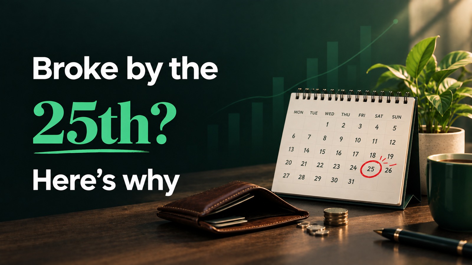Broke by the 25th? Here's why. A desk calendar with the 25th circled in red beside a nearly empty wallet and a few coins.